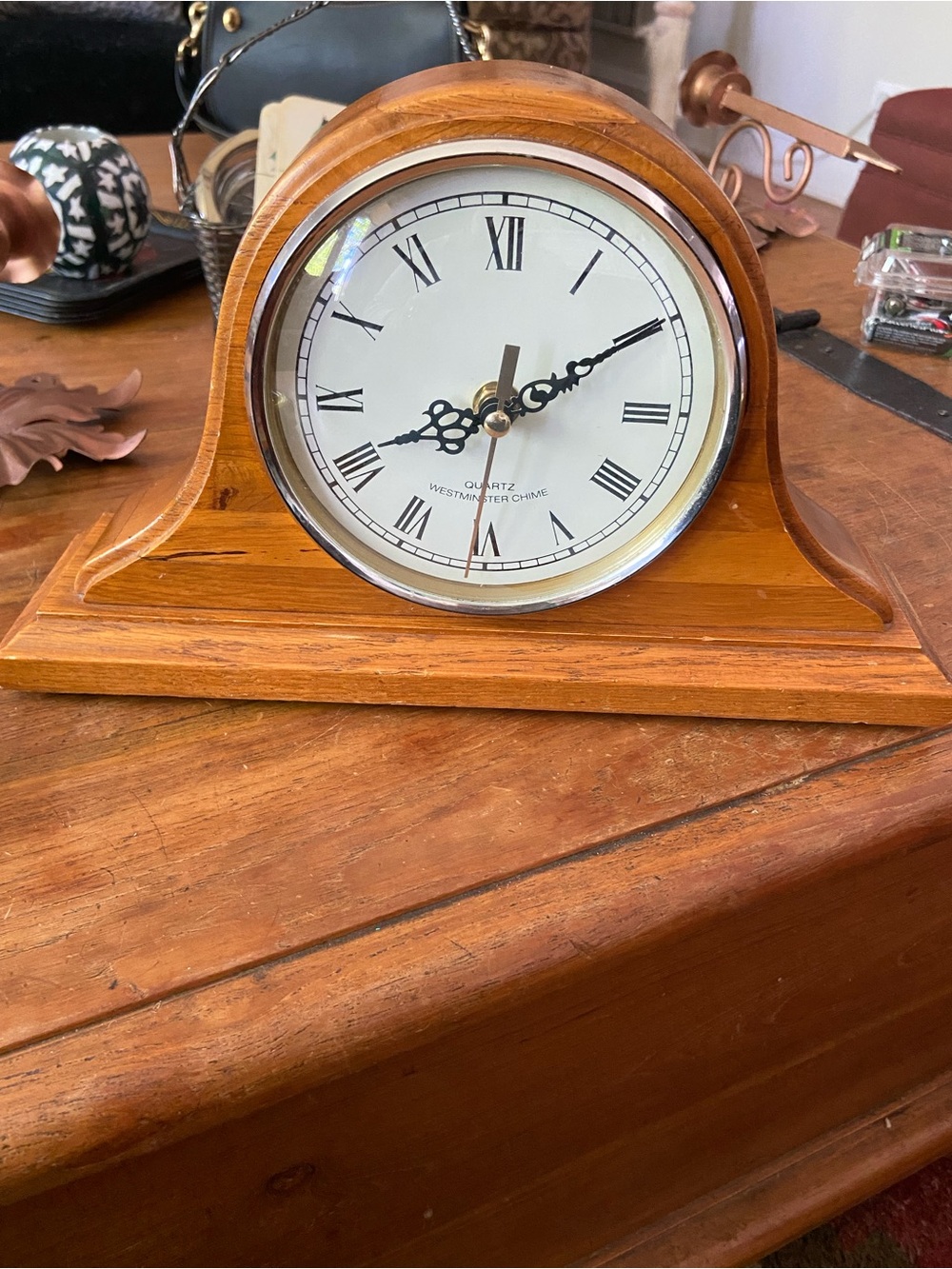 Vintage Westminster Oak Wood  Mantel Clock in Honey Brown